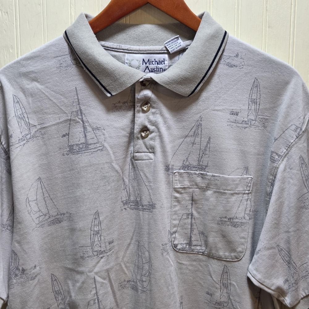 Michael Austin Polo Shirt Mens XL Gray Sailboat Print Pocket Knit Nautical Top